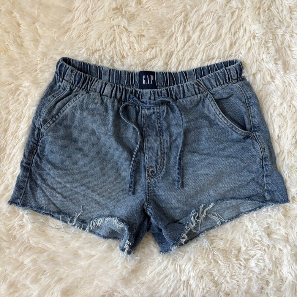 Gap Denim Pull On Shorts Medium Wash Elastic Waist Drawstring Frayed Hem Small